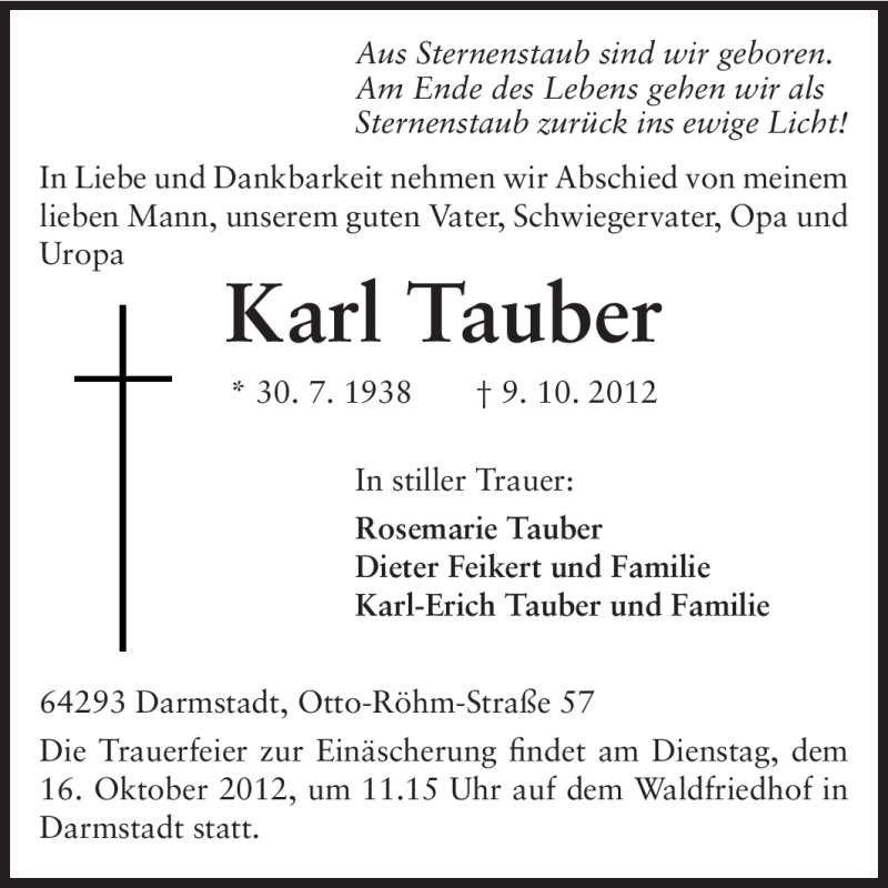  Traueranzeige für Karl Tauber vom 12.10.2012 aus Echo-Zeitungen (Gesamtausgabe)