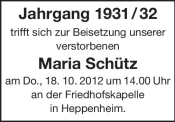 Traueranzeige von Maria Schütz von Starkenburger Echo