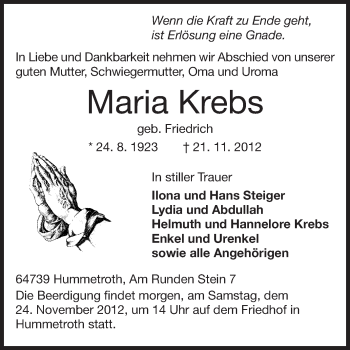 Traueranzeige von Maria Krebs von Odenwälder Echo