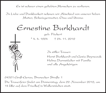 Traueranzeige von Ernestine Burkhardt von Rüsselsheimer Echo, Groß-Gerauer-Echo, Ried Echo