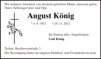 Traueranzeige von August König von Rüsselsheimer Echo, Groß-Gerauer-Echo, Ried Echo