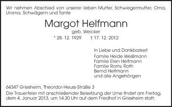 Traueranzeige von Margot Helfmann von Echo-Zeitungen (Gesamtausgabe)