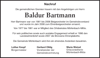 Traueranzeige von Baldur Bartmann von Starkenburger Echo