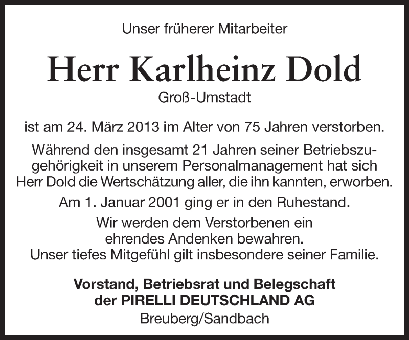  Traueranzeige für Karlheinz Dold vom 30.03.2013 aus Odenwälder Echo