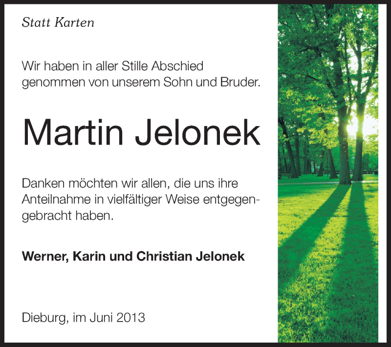  Traueranzeige für Martin Jelonek vom 22.06.2013 aus Echo-Zeitungen (Gesamtausgabe)