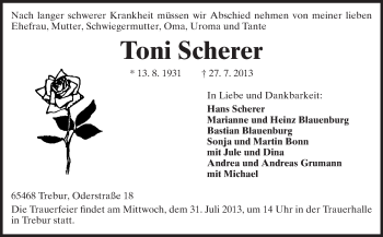 Traueranzeige von Toni Scherer von Rüsselsheimer Echo, Groß-Gerauer-Echo, Ried Echo