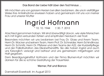 Traueranzeige von Ingrid Hofmann von Echo-Zeitungen (Gesamtausgabe)