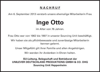 Traueranzeige von Inge Otto von Starkenburger Echo