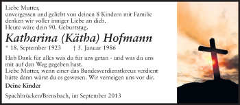 Traueranzeige von Katharina Hofmann von Echo-Zeitungen (Gesamtausgabe)