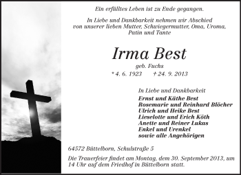 Traueranzeige von Irma Best von Rüsselsheimer Echo, Groß-Gerauer-Echo, Ried Echo