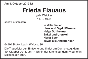 Traueranzeige von Frieda Flauaus von Echo-Zeitungen (Gesamtausgabe)