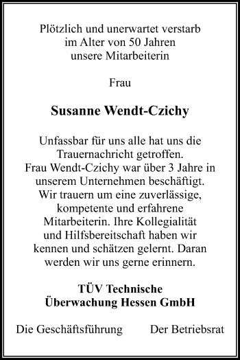 Traueranzeige von Susanne Wendt-Czichy von Echo-Zeitungen (Gesamtausgabe)