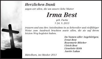 Traueranzeige von Irma Best von Rüsselsheimer Echo, Groß-Gerauer-Echo, Ried Echo