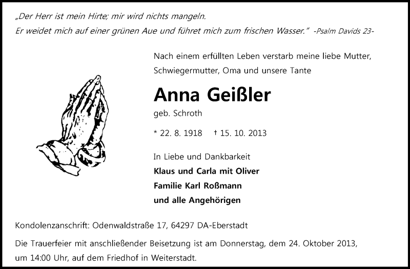 Traueranzeigen von Anna Geißler | www.vrm-trauer.de