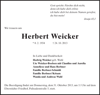 Traueranzeige von Herbert Weicker von Darmstädter Echo, Odenwälder Echo, Rüsselsheimer Echo, Groß-Gerauer-Echo, Ried Echo