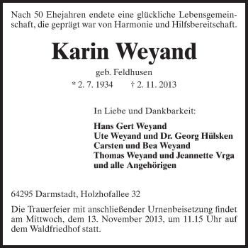 Traueranzeige von Karin Weyand von Echo-Zeitungen (Gesamtausgabe)