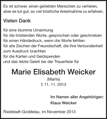 Traueranzeige von Marie Elisabeth Weicker von Rüsselsheimer Echo, Groß-Gerauer-Echo, Ried Echo