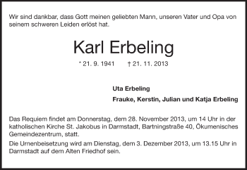 Traueranzeige von Karl Erbeling von Echo-Zeitungen (Gesamtausgabe)