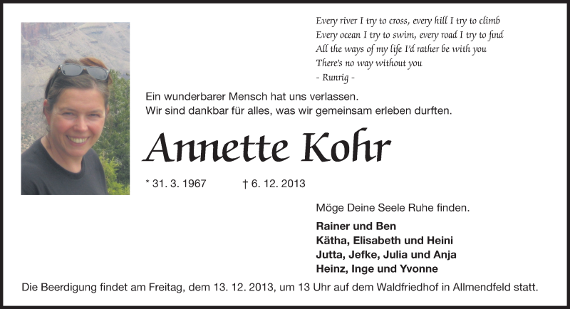  Traueranzeige für Annette Kohr vom 12.12.2013 aus Rüsselsheimer Echo, Groß-Gerauer-Echo, Ried Echo