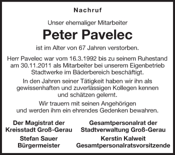 Traueranzeige von Peter Pavelec von Rüsselsheimer Echo, Groß-Gerauer-Echo, Ried Echo