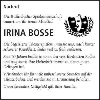 Traueranzeige von Irina Bosse von Echo-Zeitungen (Gesamtausgabe)