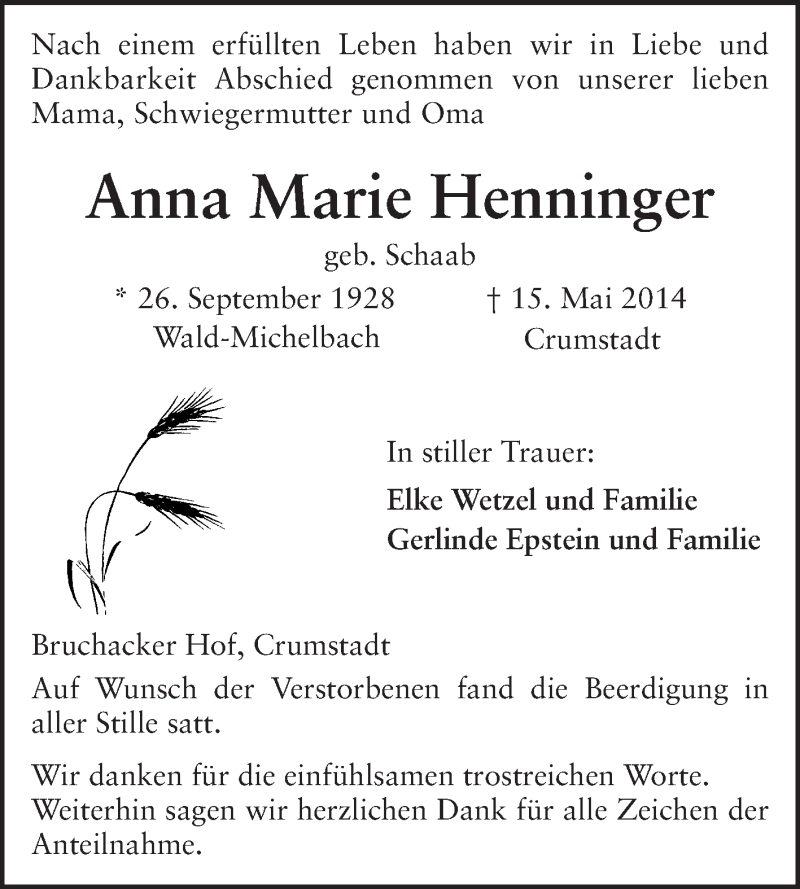  Traueranzeige für Anna Maria Henninger vom 24.05.2014 aus Echo-Zeitungen (Gesamtausgabe)