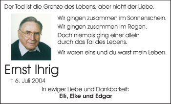 Traueranzeige von Ernst lhrig von Echo-Zeitungen (Gesamtausgabe)