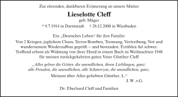 Traueranzeige von Lieselotte Cleff von Echo-Zeitungen (Gesamtausgabe)