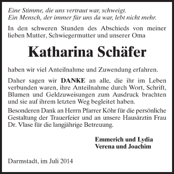 Traueranzeige von Katharina Schäfer von Echo-Zeitungen (Gesamtausgabe)