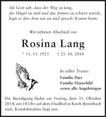 Traueranzeige von Rosina Lang von Odenwälder Echo