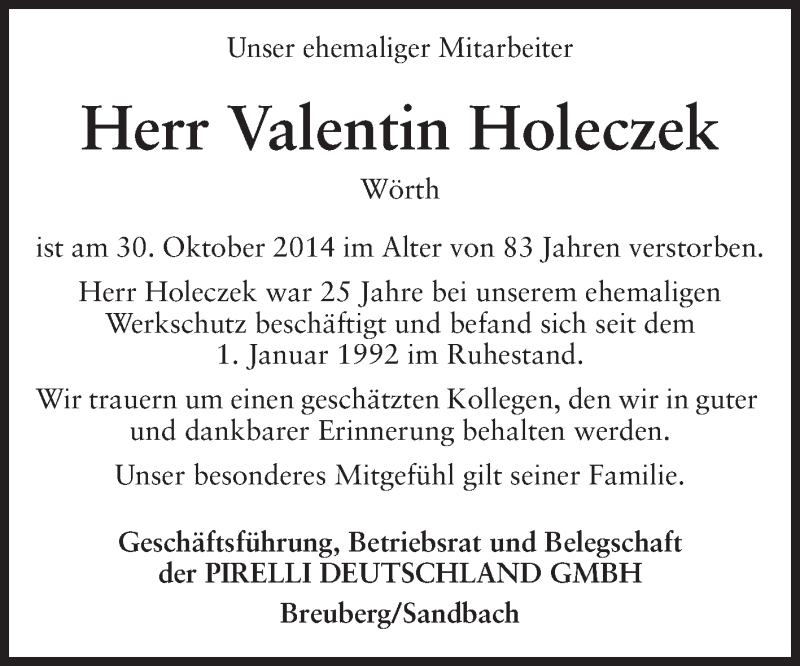  Traueranzeige für Valentin Holeczek vom 10.11.2014 aus Odenwälder Echo