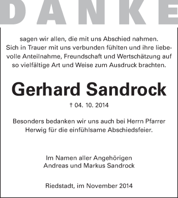 Traueranzeige von Gerhard Sandrock von Rüsselsheimer Echo, Groß-Gerauer-Echo, Ried Echo