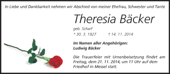 Traueranzeige von Theresia Bäcker von Echo-Zeitungen (Gesamtausgabe)