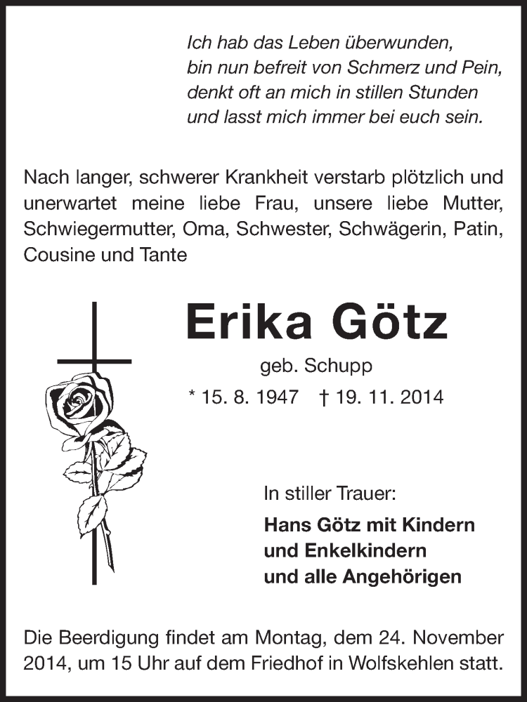 Traueranzeigen Von Erika Gotz Www Vrm Trauer De