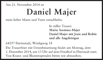 Traueranzeige von Daniel Majer von Echo-Zeitungen (Gesamtausgabe)