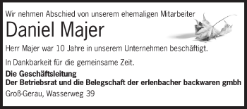 Traueranzeige von Daniel Majer von Echo-Zeitungen (Gesamtausgabe)