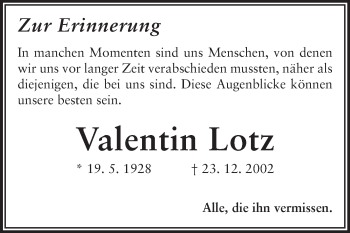 Traueranzeige von Valentin Lotz von Echo-Zeitungen (Gesamtausgabe)