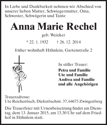 Traueranzeige von Anna Marie Rechel von Echo-Zeitungen (Gesamtausgabe)