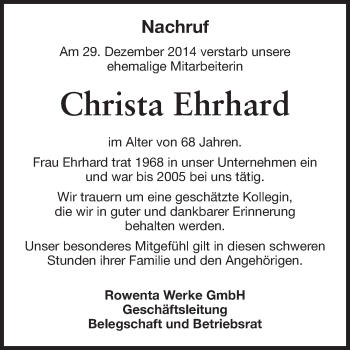 Traueranzeige von Christa Ehrhard von Odenwälder Echo