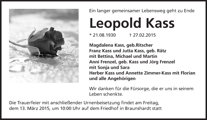  Traueranzeige für Leopold Kass vom 11.03.2015 aus Echo-Zeitungen (Gesamtausgabe)
