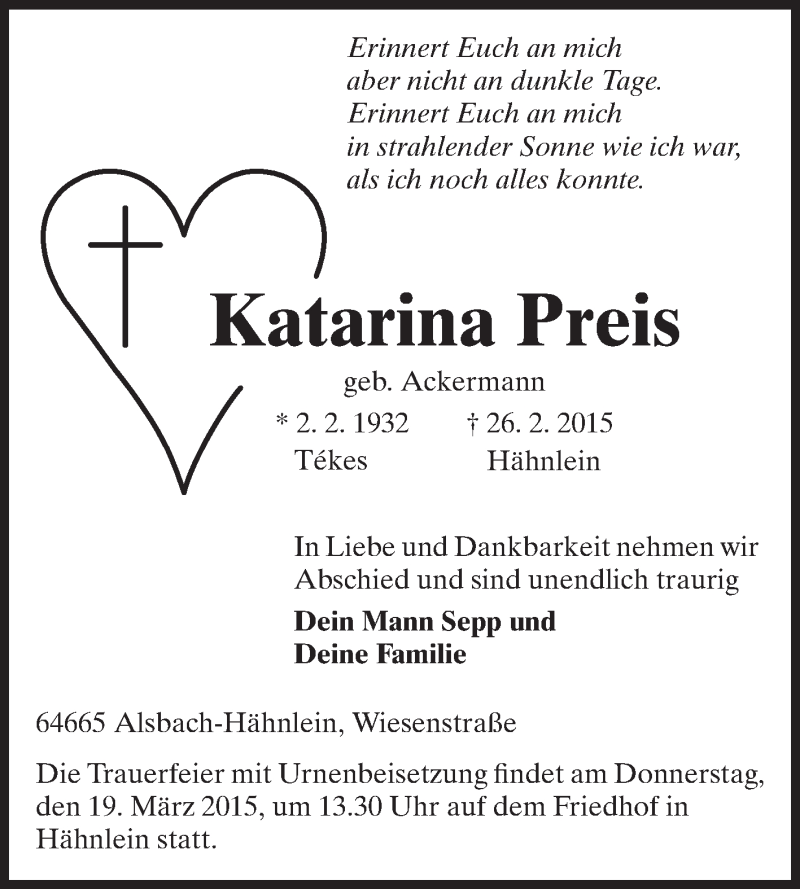 Traueranzeigen Von Katarina Preis Vrm Trauer De