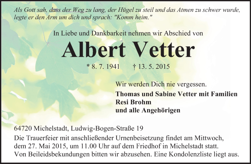 Traueranzeigen Von Albert Vetter | Www.vrm-trauer.de