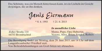 Traueranzeige von Janis Eiermann von Echo-Zeitungen (Gesamtausgabe)