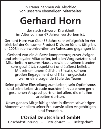 Traueranzeige von Gerhard Horn von Odenwälder Echo