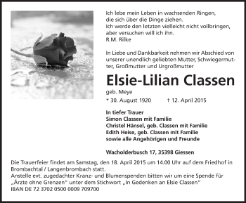 Traueranzeige von Elsie-Lilian Classen von Odenwälder Echo