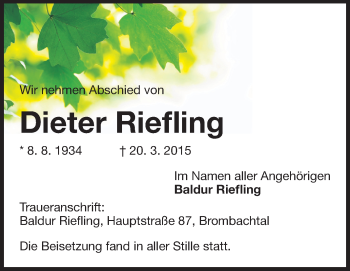 Traueranzeige von Dieter Riefling von Odenwälder Echo