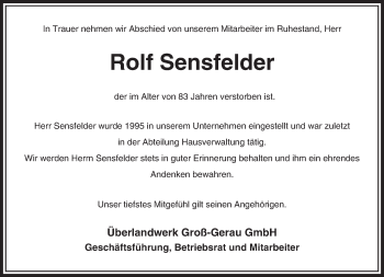 Traueranzeige von Rolf Sensfelder von trauer.echo-online.de