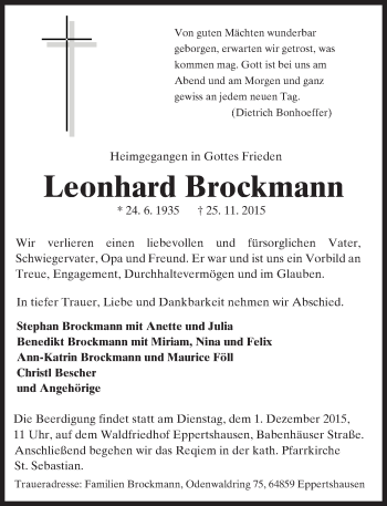 Traueranzeige von Leonhard Brockmann von trauer.echo-online.de