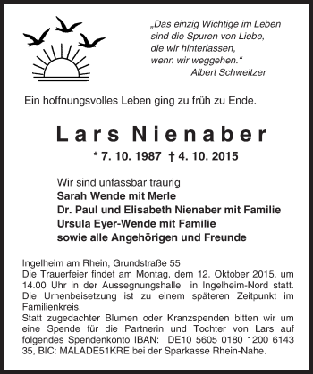 Traueranzeige von Lars Nienaber von  Ingelheim-Bingen