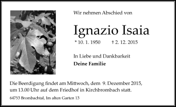 Traueranzeige von Ignazio Isaia von trauer.echo-online.de